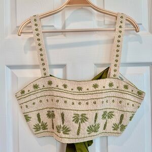 🌴 Anthropologie Celandine Beaded Palm Tree Cami Crop Top Green Beige Seed Beads